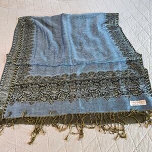 Pashmina Wool Silk Scarf Wrap Blue Black Yellow Paisley Design Tasseled Romantic